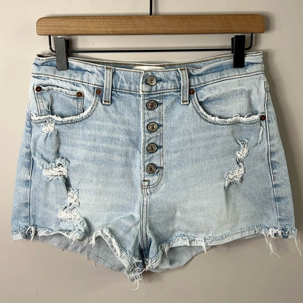 High-Rise Light Blue Distressed Denim Shorts